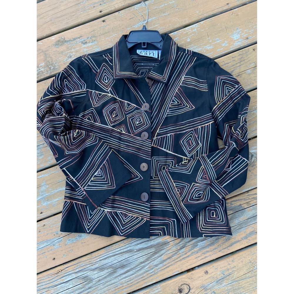 Keren Hart Black Cotton Geometric Embroidered Button Front Jacket Small